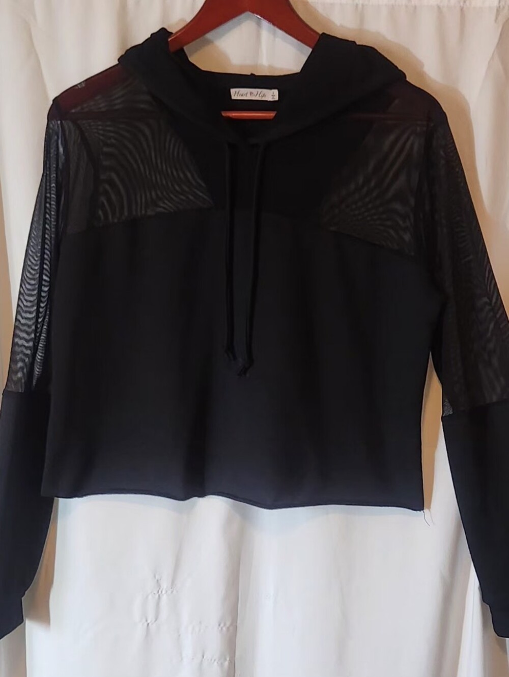 Heart & Hips Cropped Fishnet Mesh Hoodie Long Sleeve Size Large